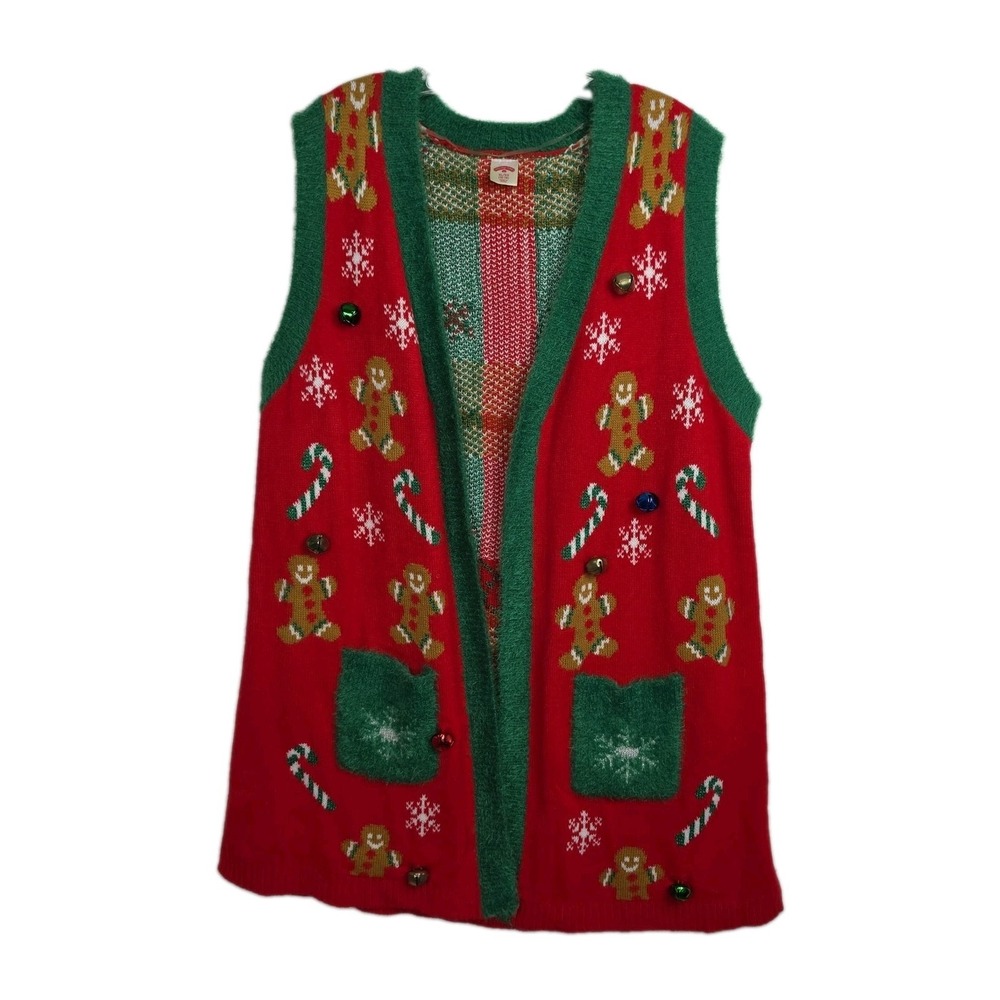 Holiday Time Christmas Vest Women's XL Red/Green Bells Gingerbreads Snowflatkes